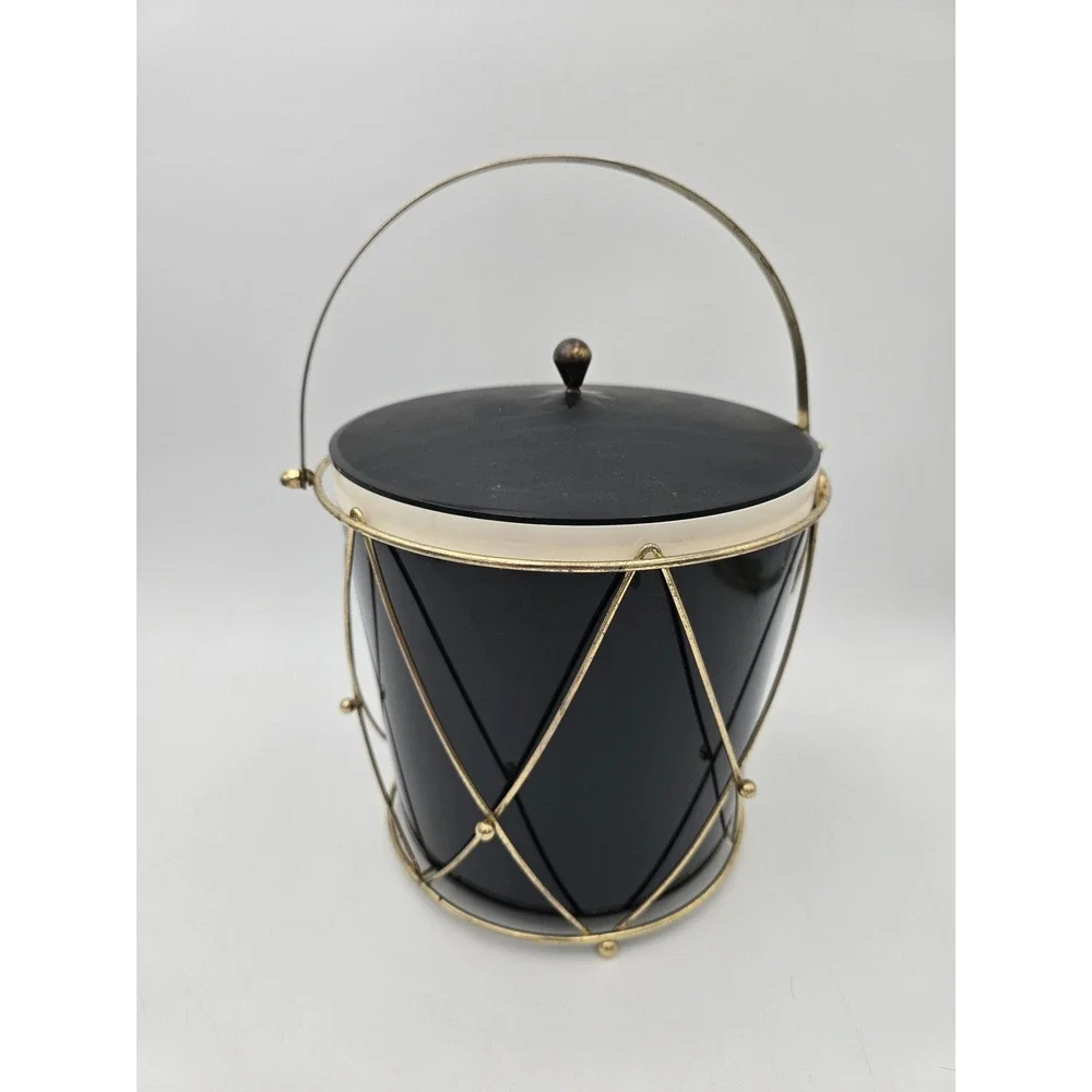 Vintage American Thermos 3940 Ice Bucket Black Gold Metal Wire Drum Frame MCM